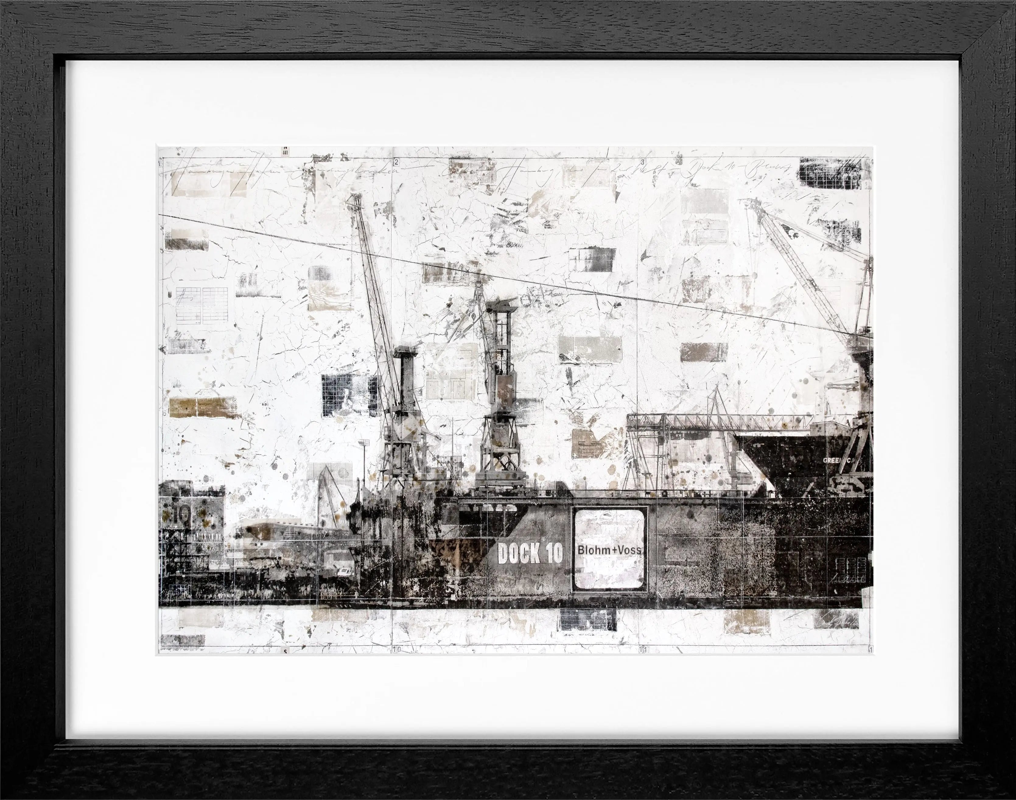 Schwarz-weiß Poster mit Rahmen, Hamburg Dock 10, von Cosman-Photocollection, 31x25cm, Wanddekoration, maritime Szene