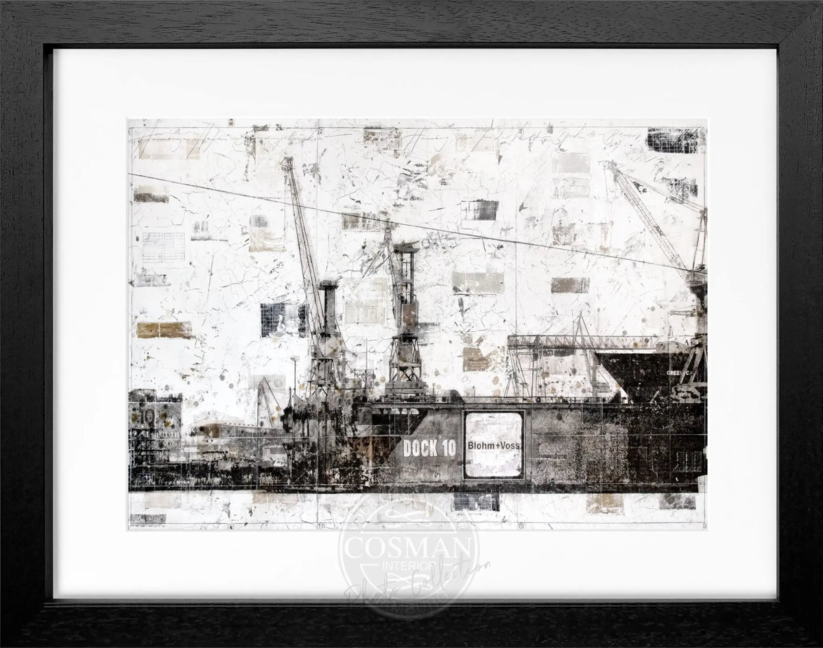 Schwarzweiß-Poster mit Rahmen, Hamburg Dock 10, von Cosman-Photocollection, 31x25 cm, Wanddekoration im modernen Stil