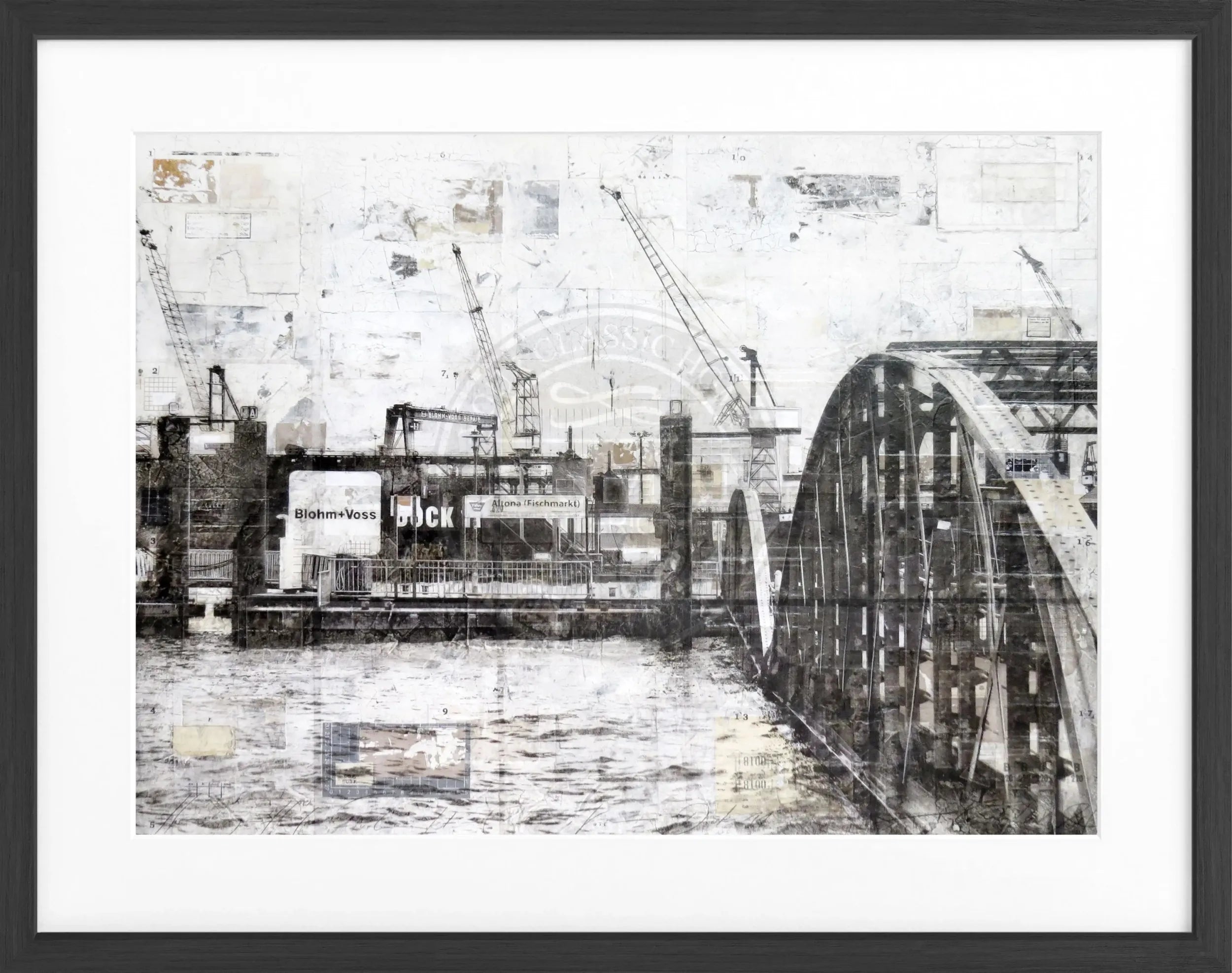 Schwarz-weiß Poster mit Rahmen, Hamburg Hafen Landungsbrücken, von Cosman-Photocollection, 31x25 cm, maritime Stadtansicht