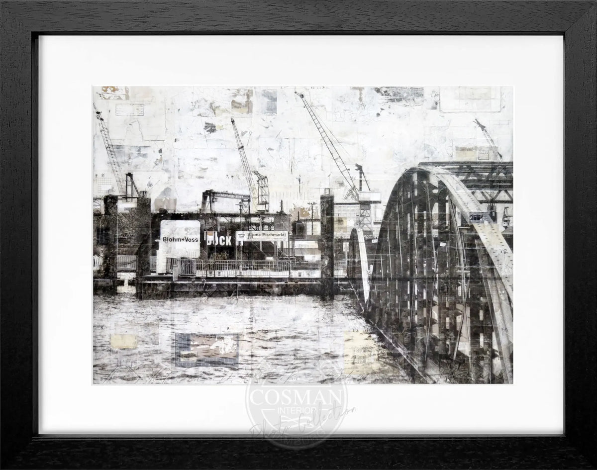 Poster mit Rahmen von Cosman-Photocollection, Hamburg Hafen Landungsbrücken, 31x25 cm, Schwarz, fotografisches Wandbild