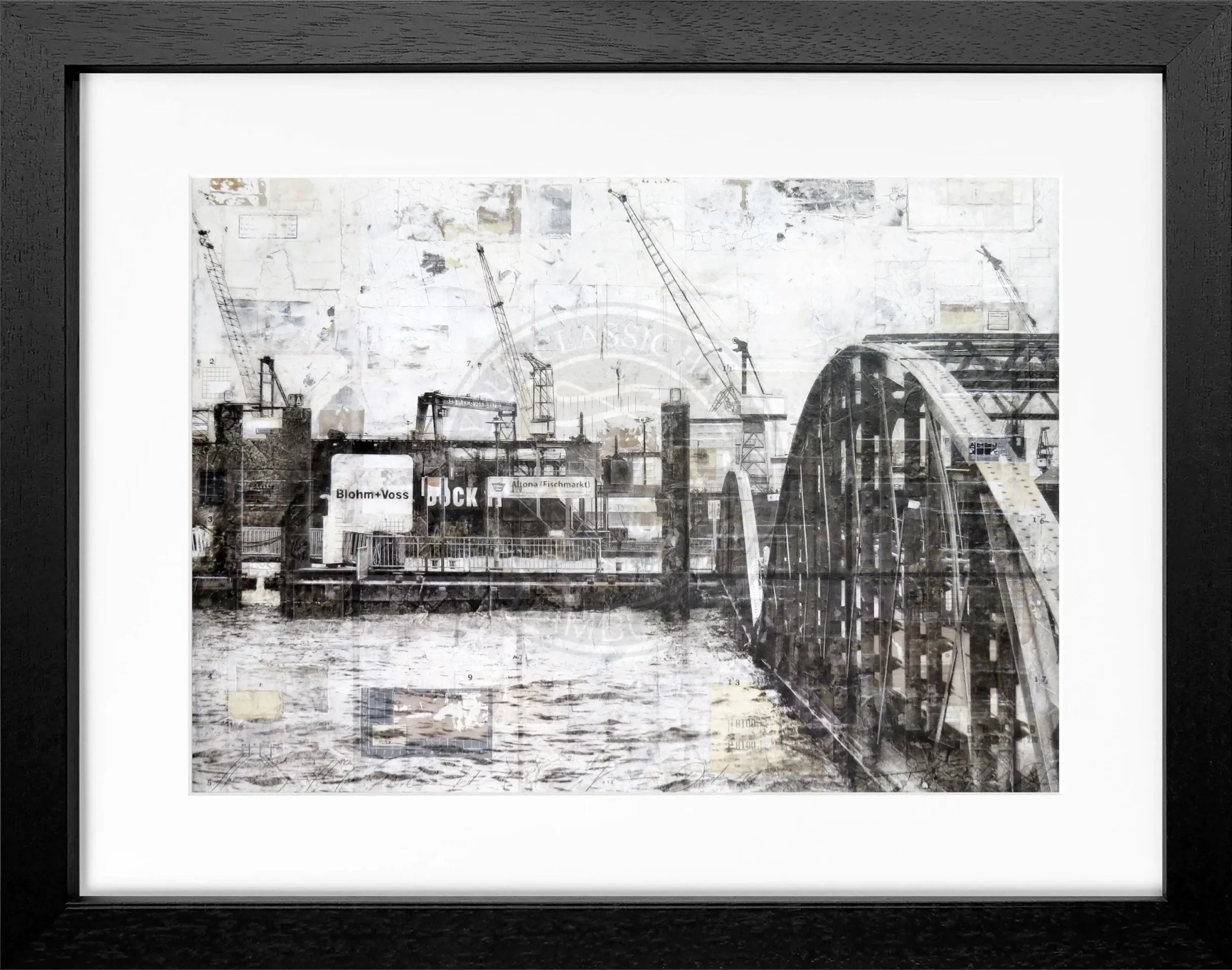 Poster mit Rahmen von Cosman-Photocollection, Hamburg Hafen Landungsbrücken, 31x25 cm, Schwarz, fotografisches Wandbild