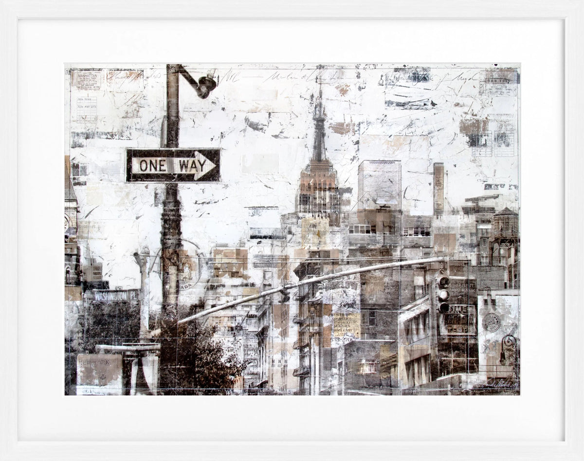 Schwarz-weißer Poster mit Rahmen, New York Westseite, ‚ONE WAY‘-Schilder, von Cosman-Photocollection, 31x25 cm