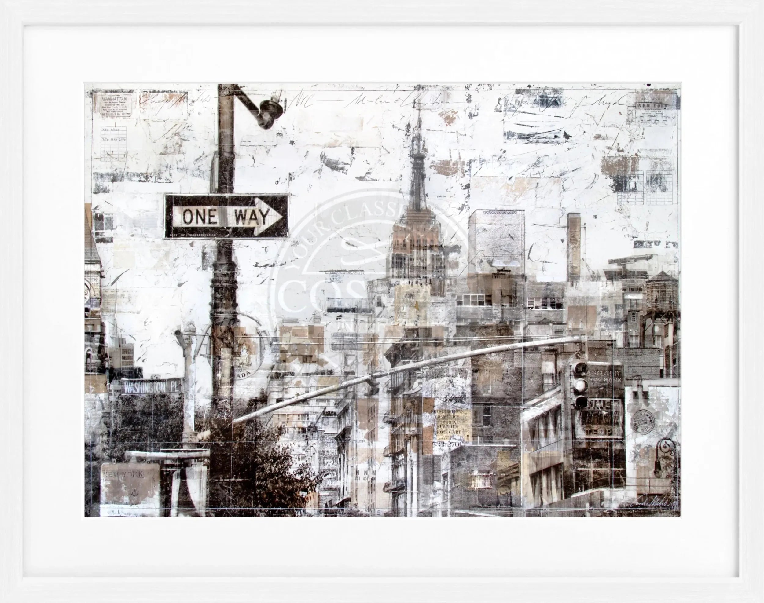 Schwarz-weißer Poster mit Rahmen, New York Westseite, ‚ONE WAY‘-Schilder, von Cosman-Photocollection, 31x25 cm