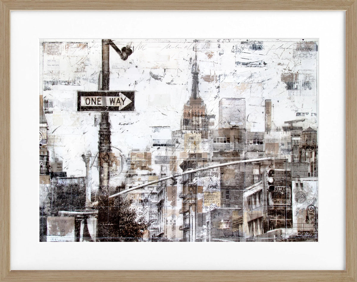 Schwarz-weißes Poster mit Rahmen von New York City, „ONE WAY“ Design, von Cosman-Photocollection, 31x25 cm