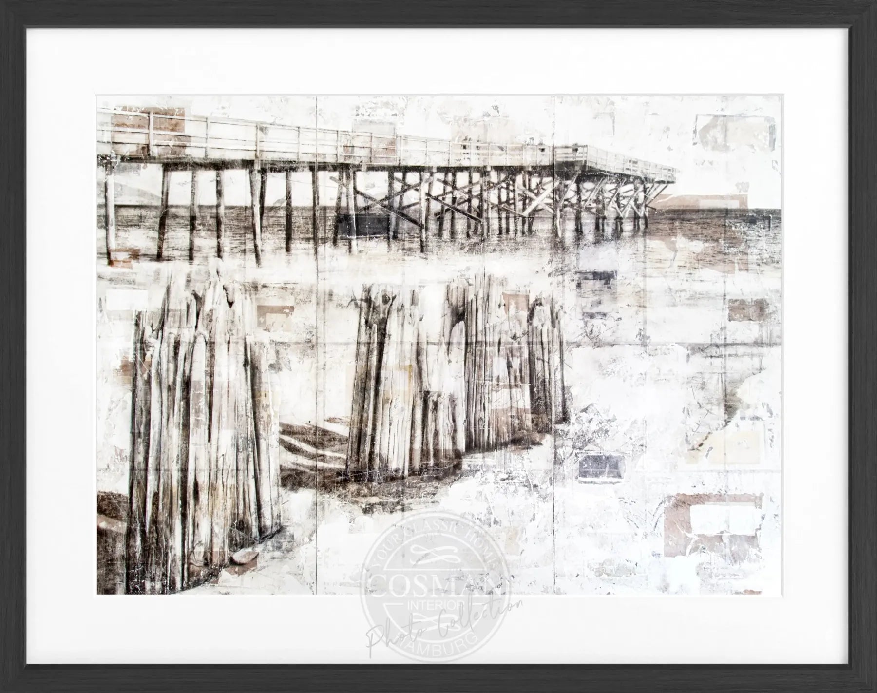 Schwarz-weißer Poster mit Rahmen, Pier in Kalifornien, von Cosman-Photocollection, 31x25 cm, kunstvolle Wanddekoration