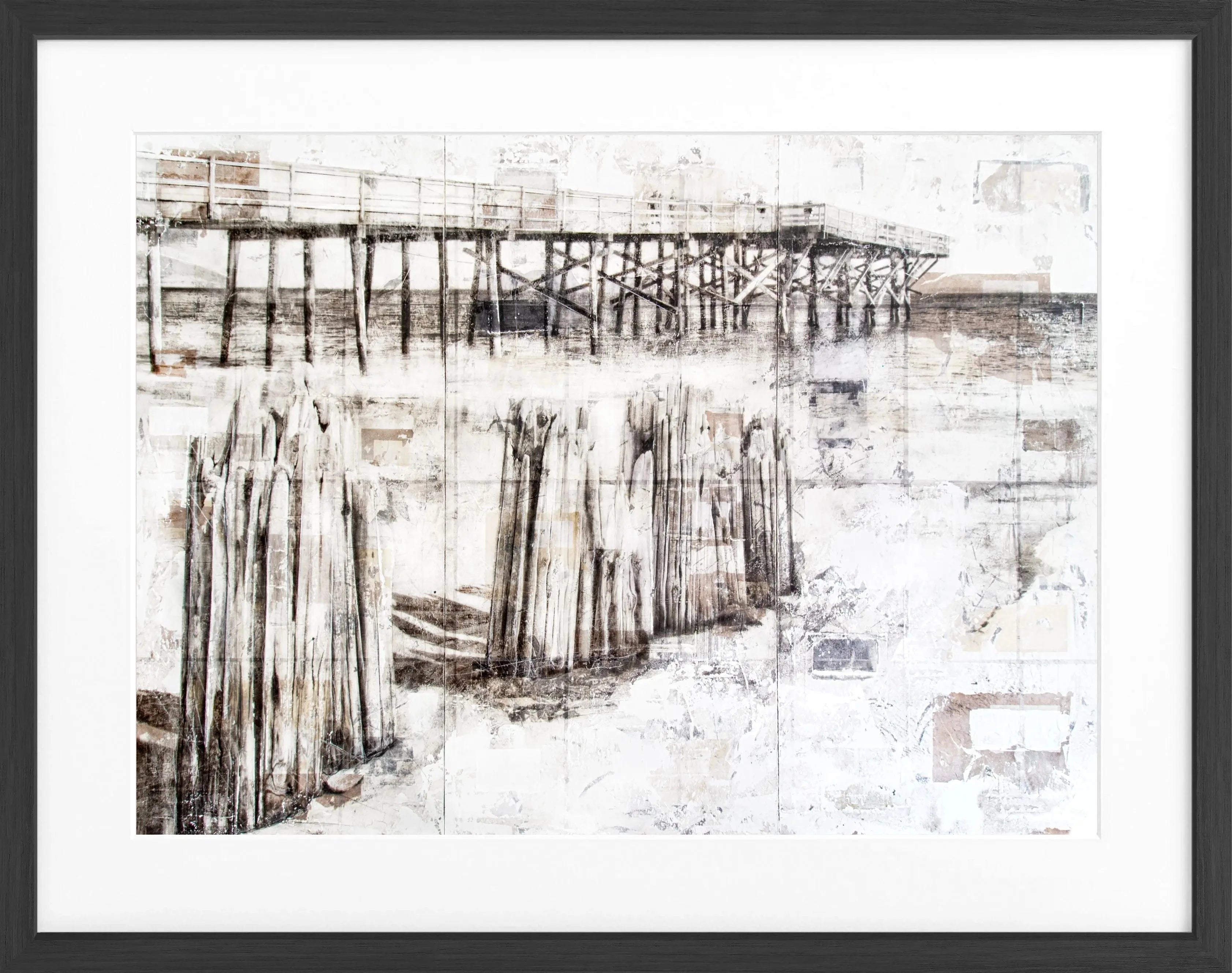 Schwarz-weißer Poster mit Rahmen, Pier in Kalifornien, von Cosman-Photocollection, 31x25 cm, kunstvolle Wanddekoration