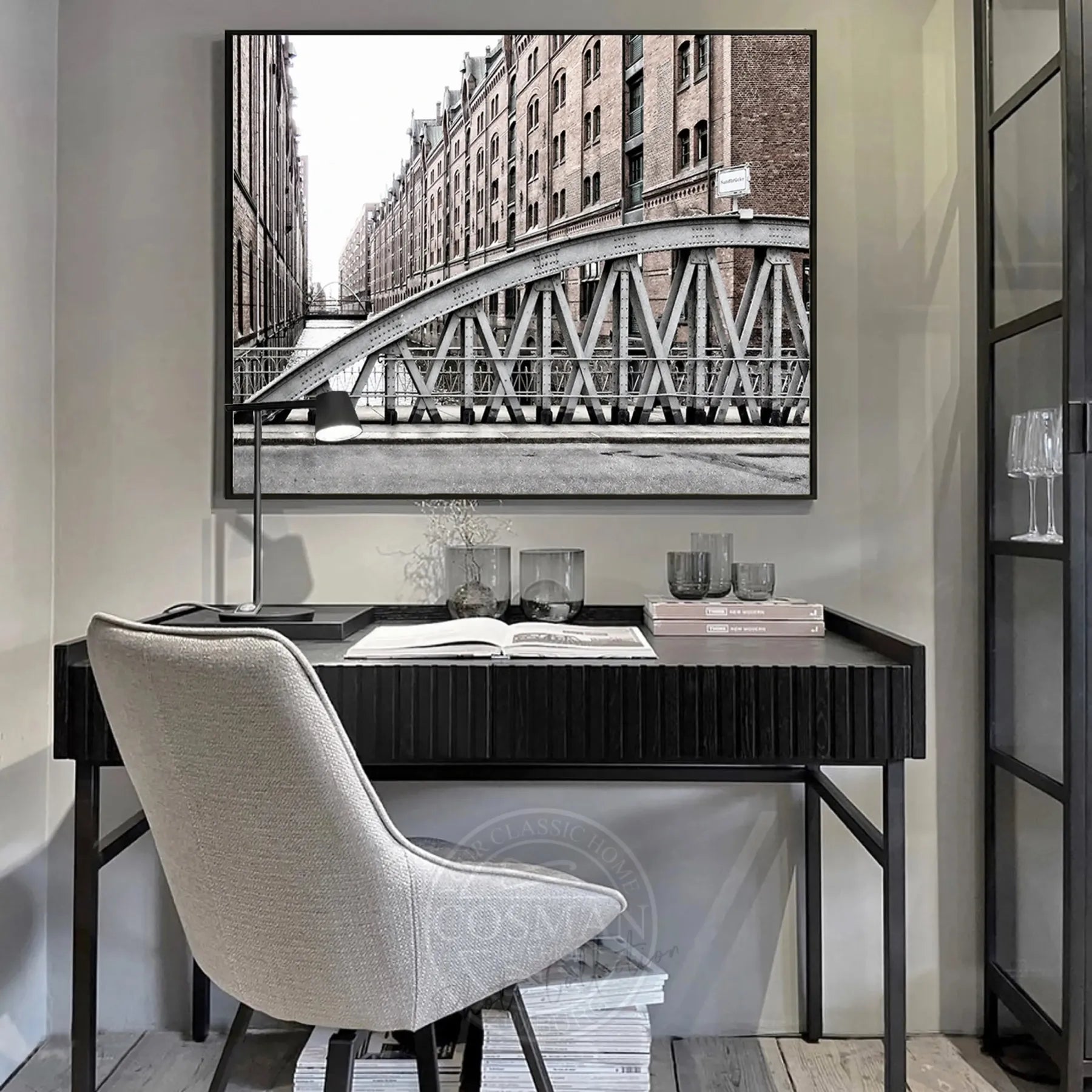 Wandbild Hamburg Speicherstadt von Cosman-Photocollection, Druck auf Leinwand mit Schattenfuge, schwarz, 125x95 cm