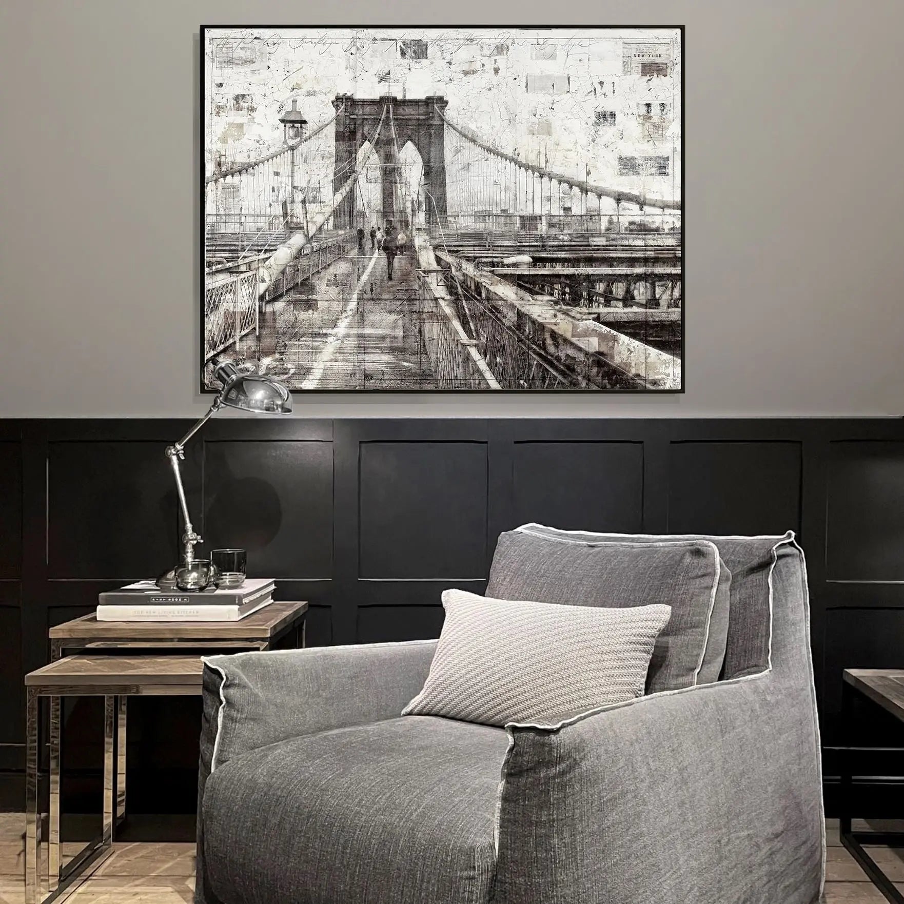 Wandbild Motiv GM02 Brooklyn Bridge, Druck auf Leinwand mit Schattenfuge, schwarzes Fotokunstwerk von Cosman-Photocollection