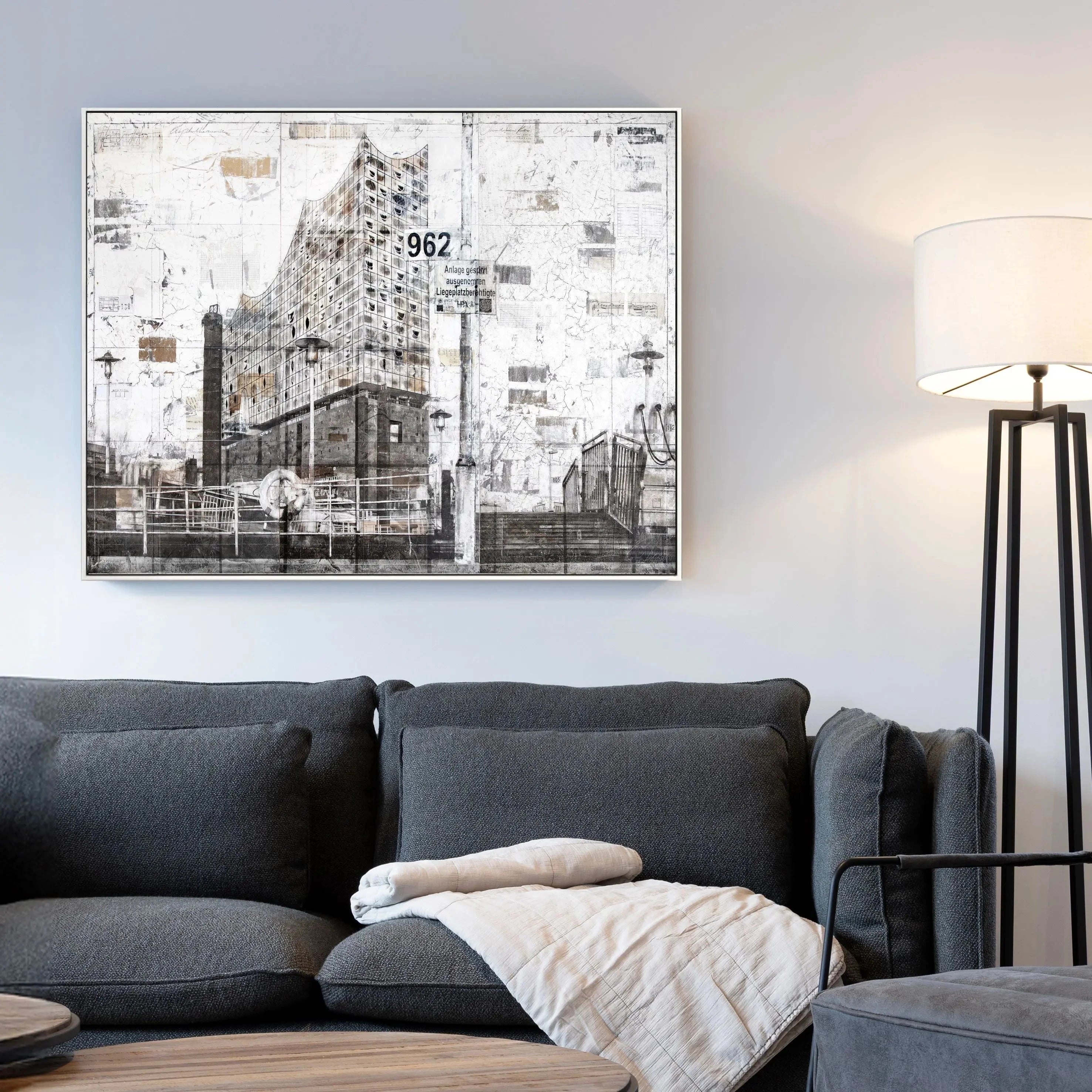 Wandbild Motiv GM03 Hamburg Elbphilharmonie auf Leinwand mit Schattenfuge, schwarz, 125x95cm, von Cosman-Photocollection