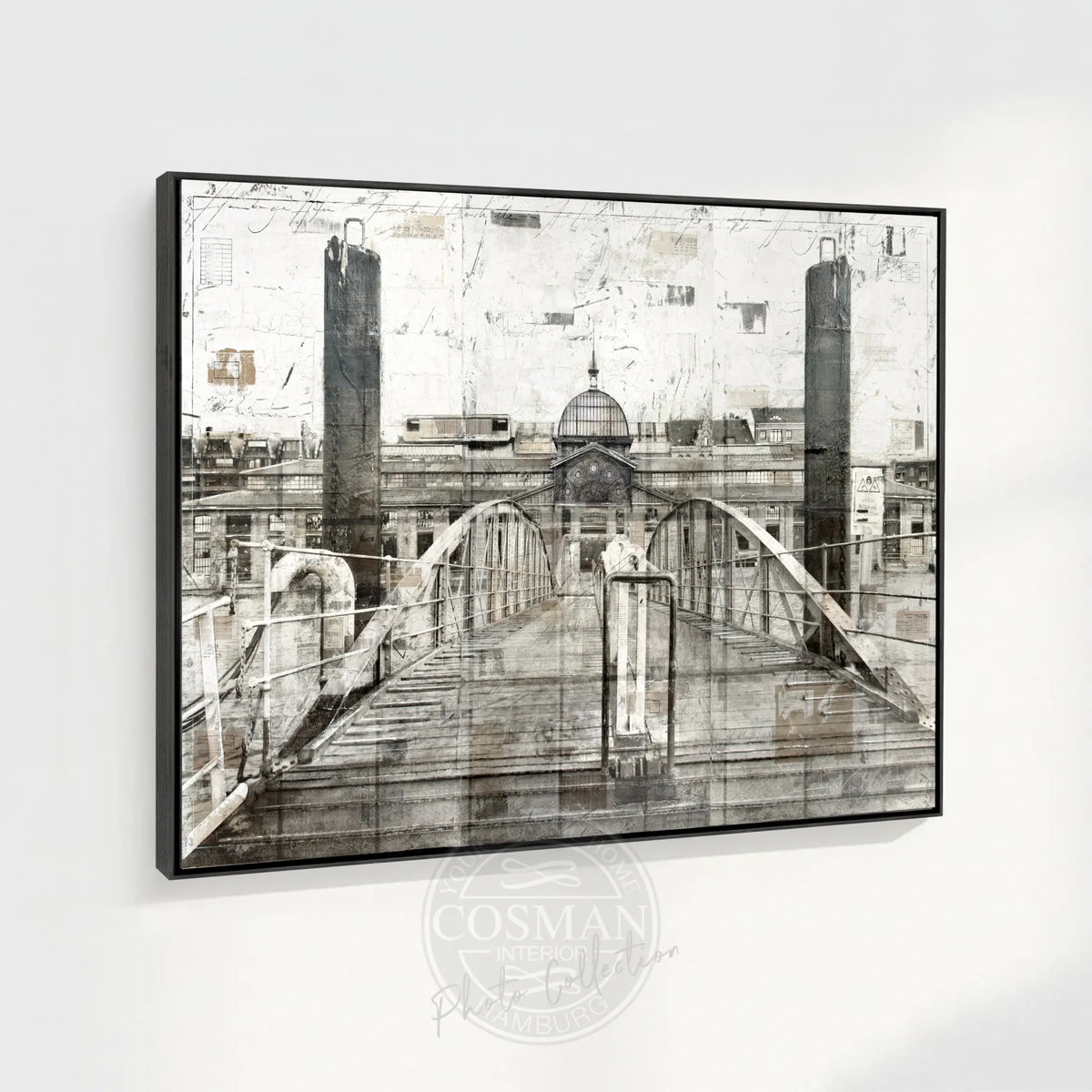 Wandbild Motiv GM04 Hamburg Fischmarkt, Druck auf Leinwand mit Schattenfuge, von Cosman-Photocollection, schwarz, 125x95 cm