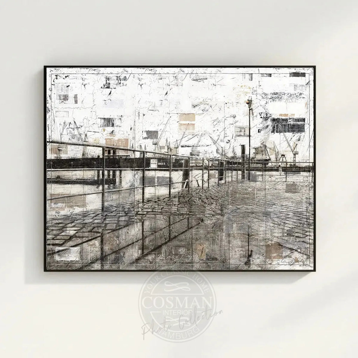 Wandbild Hamburg Hafen, Druck auf Leinwand mit Schattenfuge, von Cosman-Photocollection, in Schwarz, 125cm x 95cm