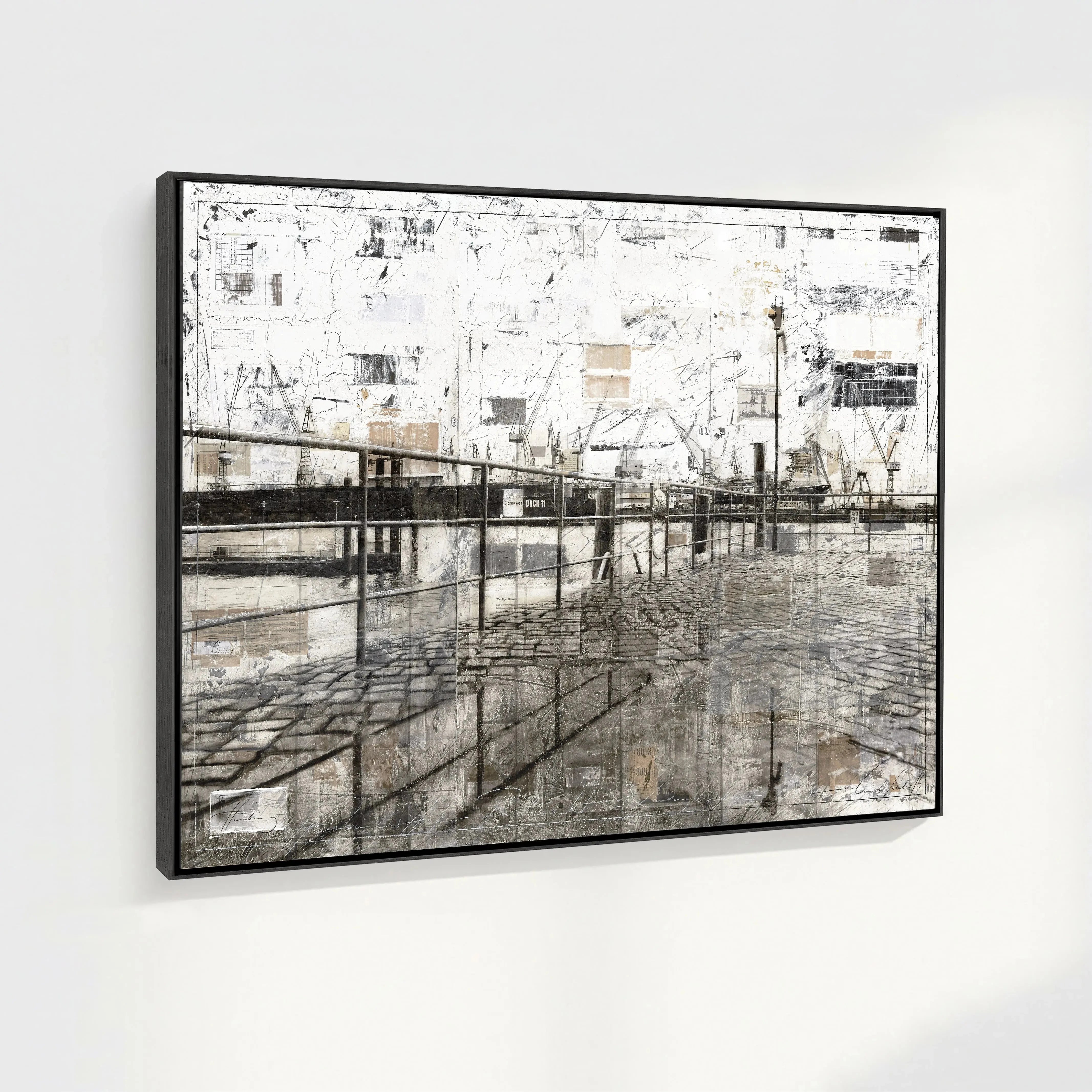 Wandbild Hamburg Hafen von Cosman-Photocollection, Druck auf Leinwand mit Schattenfuge, zeigt Hafenansicht in Schwarzweiß, 125x95cm