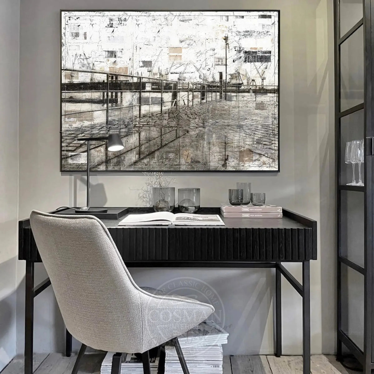 Wandbild Hamburg Hafen von Cosman-Photocollection, Druck auf Leinwand mit Schattenfuge, zeigt Hafenansicht in dunklen Farbtönen