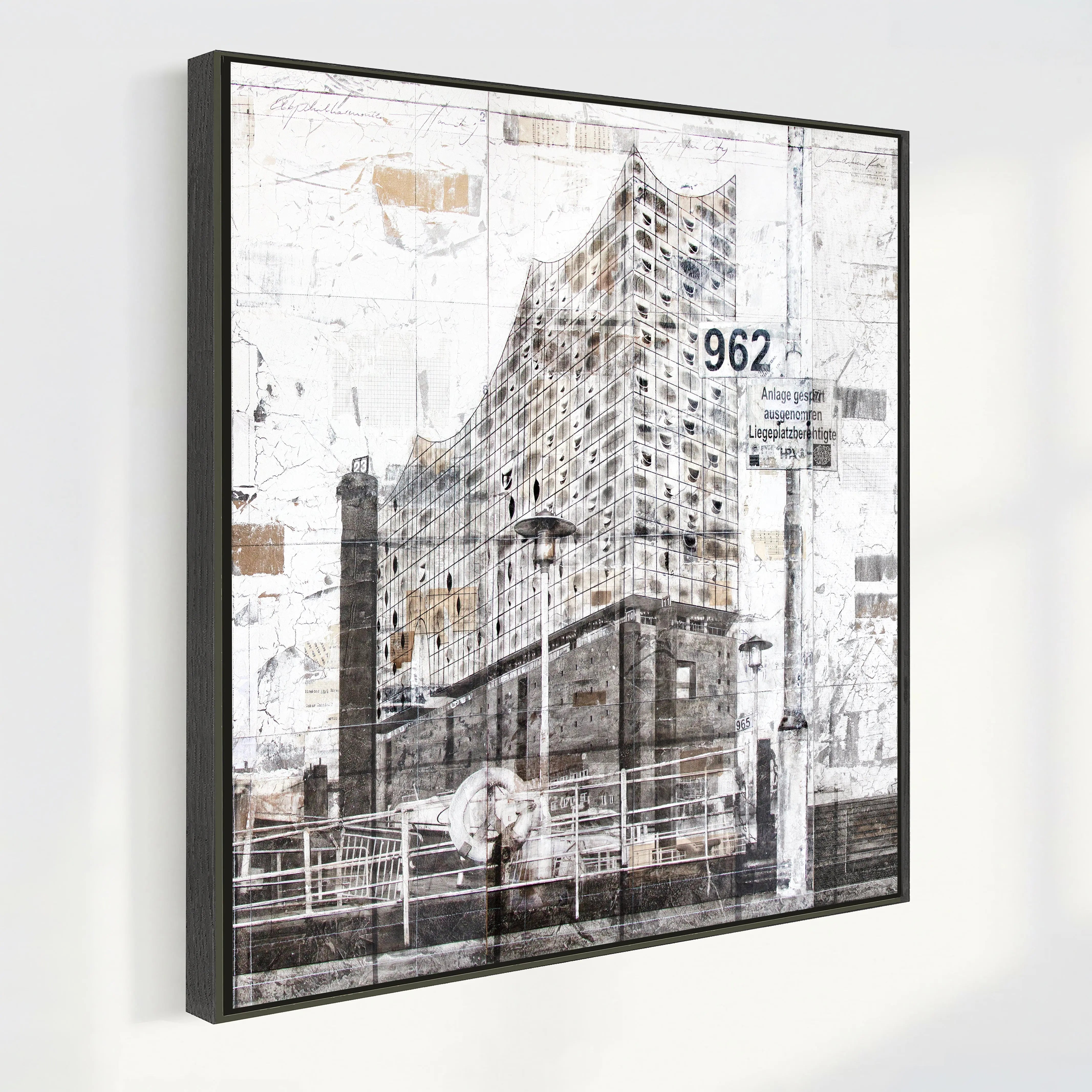 Wandbild Hamburg Elbphilharmonie, Leinwanddruck mit Schattenfuge, schwarzes Design, 84x84 cm, von Cosman-Photocollection