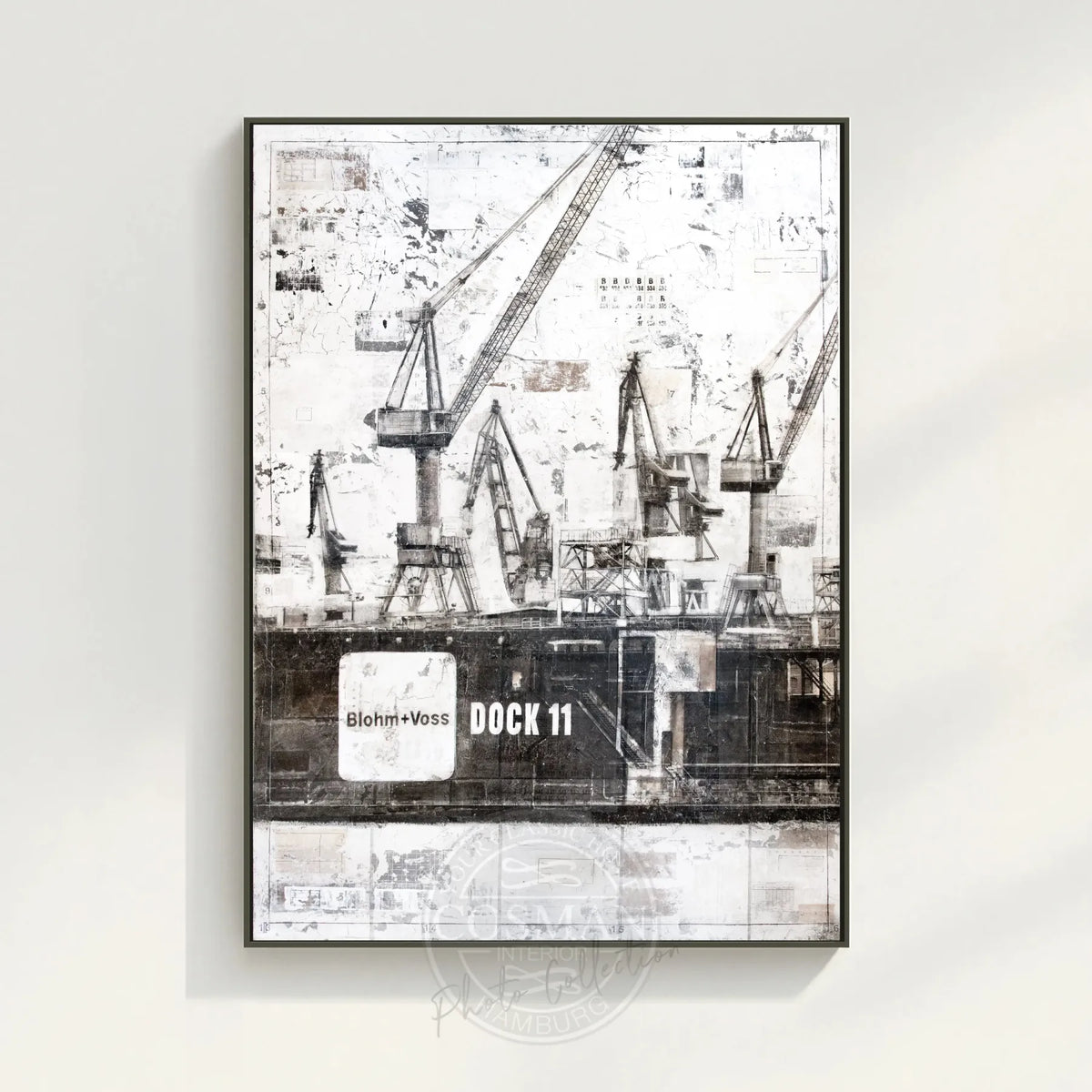 Wandbild GM77 Hamburg "Dock 11" auf Leinwand mit Schattenfuge, von Cosman-Photocollection, zeigt Hafenansicht in dunklen Tönen