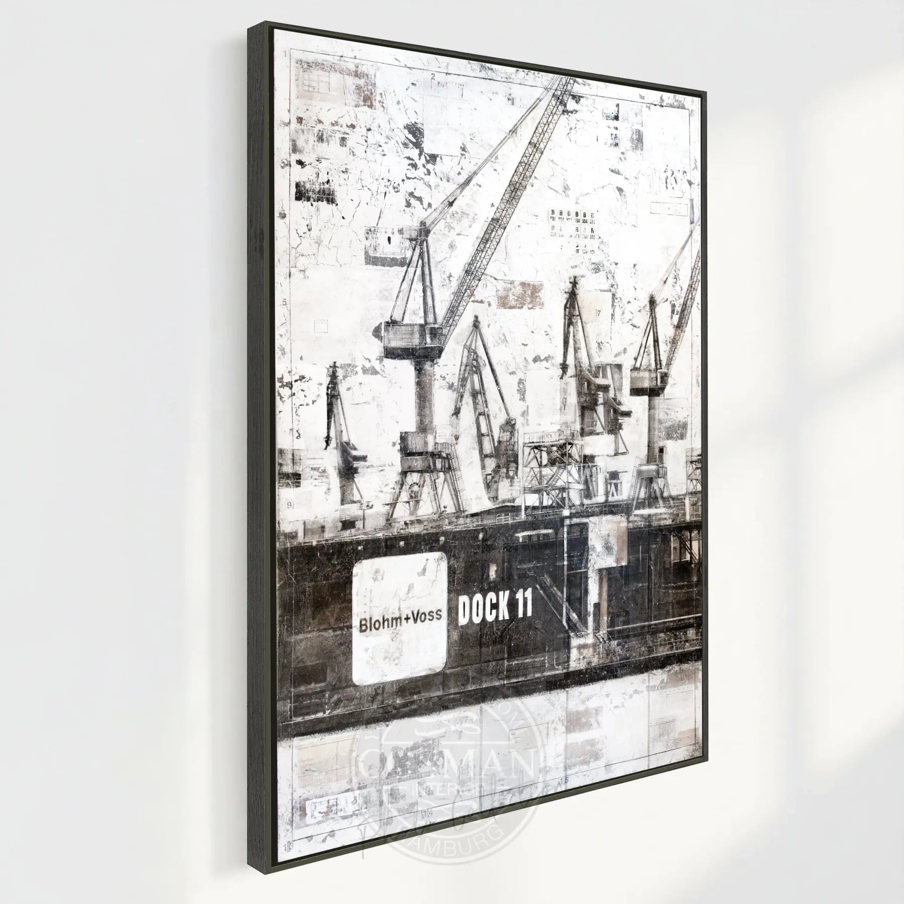 Wandbild GM77 Hamburg "Dock 11" von Cosman-Photocollection, Druck auf Leinwand mit Schattenfuge, schwarzes Stadtbild, 95x125 cm