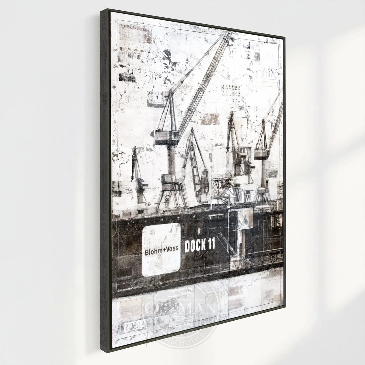 Wandbild GM77 Hamburg "Dock 11" von Cosman-Photocollection, Druck auf Leinwand mit Schattenfuge, schwarzes Stadtbild, 95x125 cm