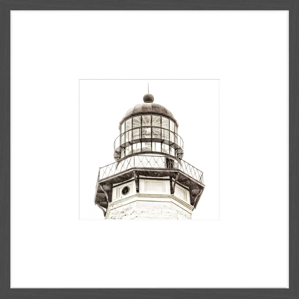 Schwarz-weiß Poster mit Rahmen Hamptons Montauk Leuchtturm, 43x43cm, von Cosman-Photocollection, im schwarzen matten Rahmen.