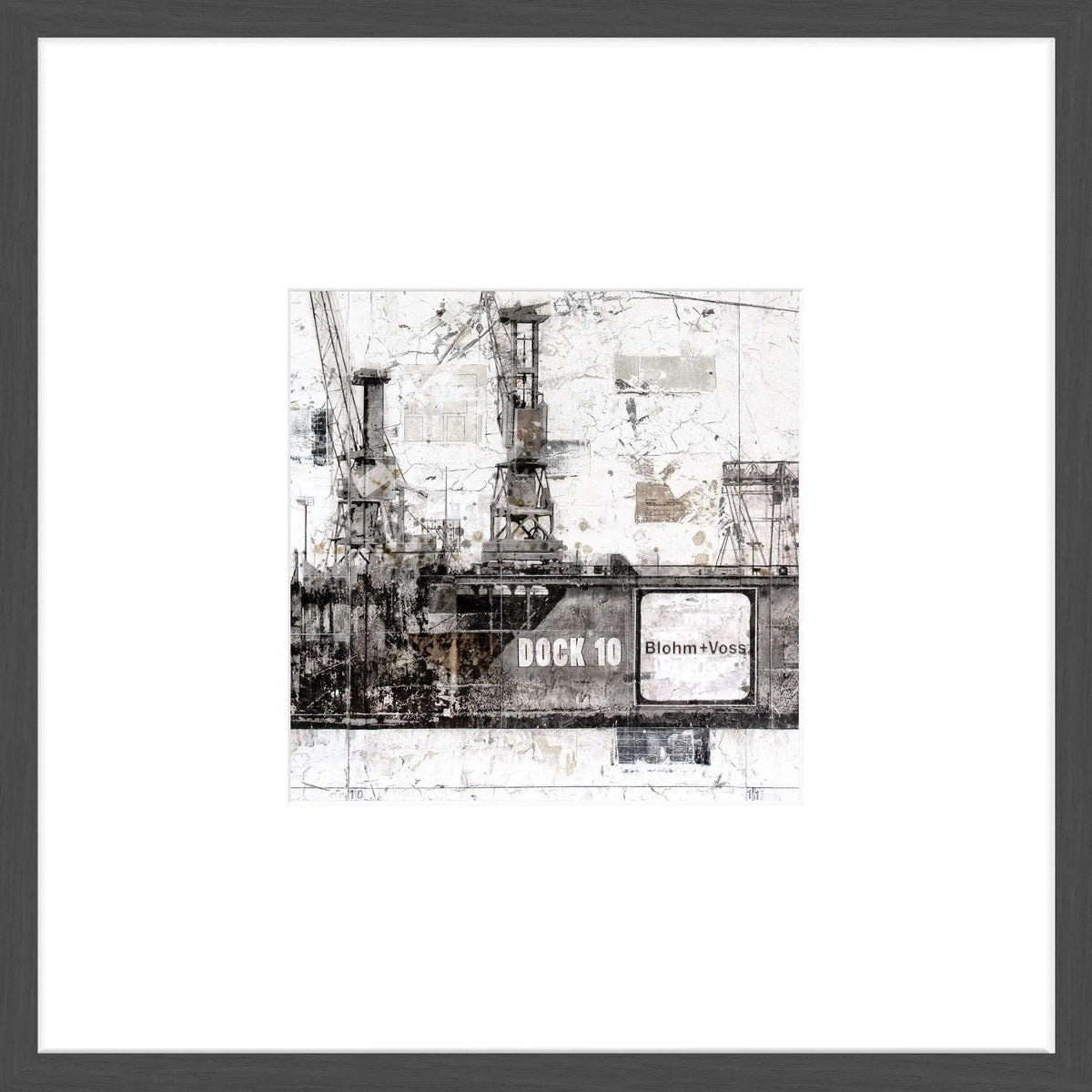 Schwarz mattes Poster mit Rahmen ’Dock 10’ Hamburg, 43x43cm, von Cosman-Photocollection, dekoratives Wandbild in Objekt-Rahmen